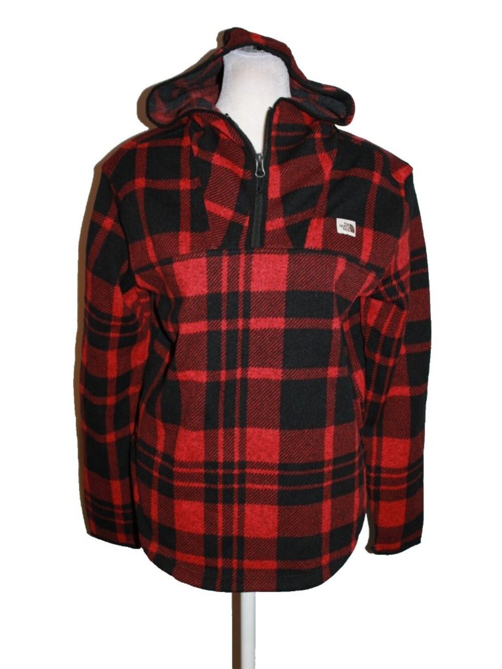 The North Face Womens Red Black Buffalo Plaid Quarter Zip Hoodie Jacket Size S